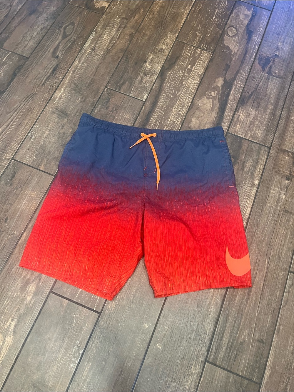 Men’s Nike Navy to Red Gradient Swim Shorts with Orange Accents size Large